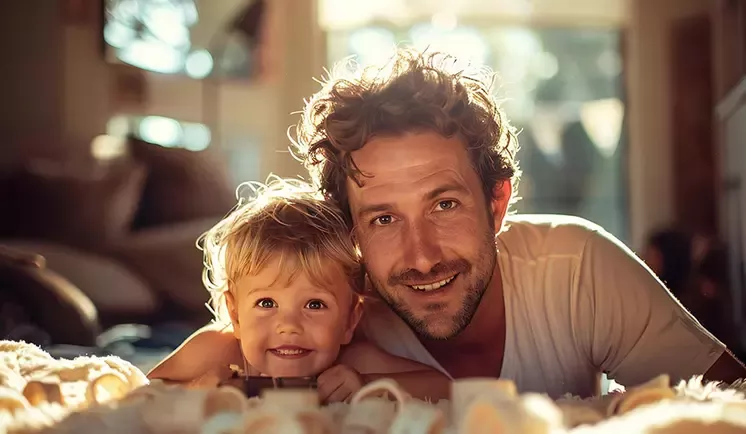 Adult and young child lying together at home in warm natural light with toys in the foreground