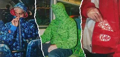 Three options of limited-edition KitKat camo hoodies, wearing by men