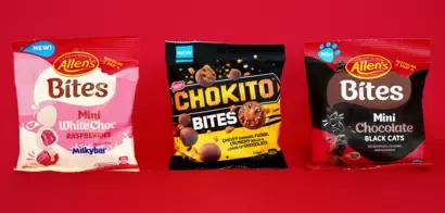 Allens Mini White Choc Raspberries Chokito Bites and Allens Mini Chocolate Black Cats