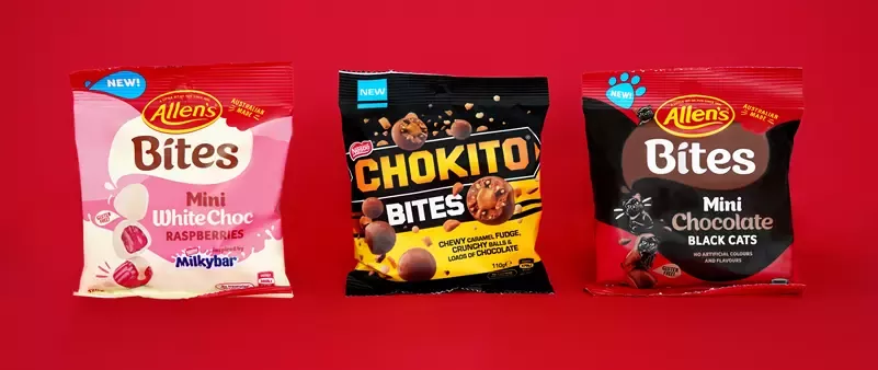 Allens Mini White Choc Raspberries Chokito Bites and Allens Mini Chocolate Black Cats